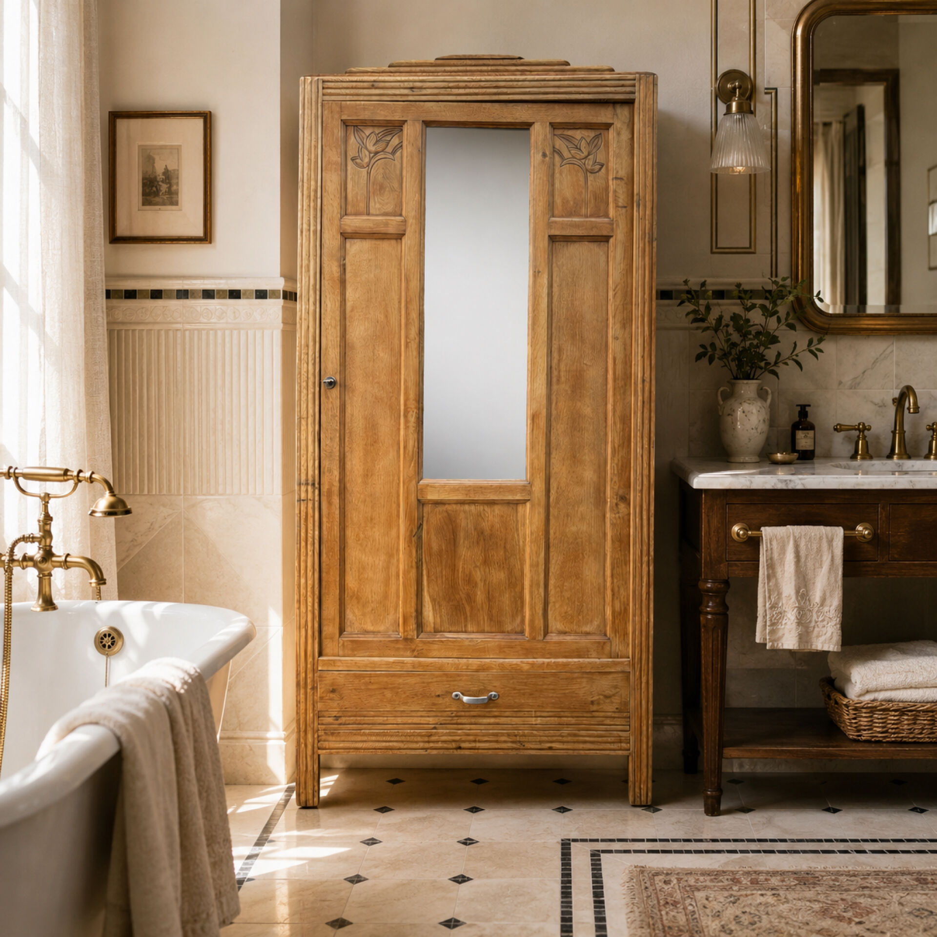 Parisian Art Deco wardrobe in raw oak, renovated.