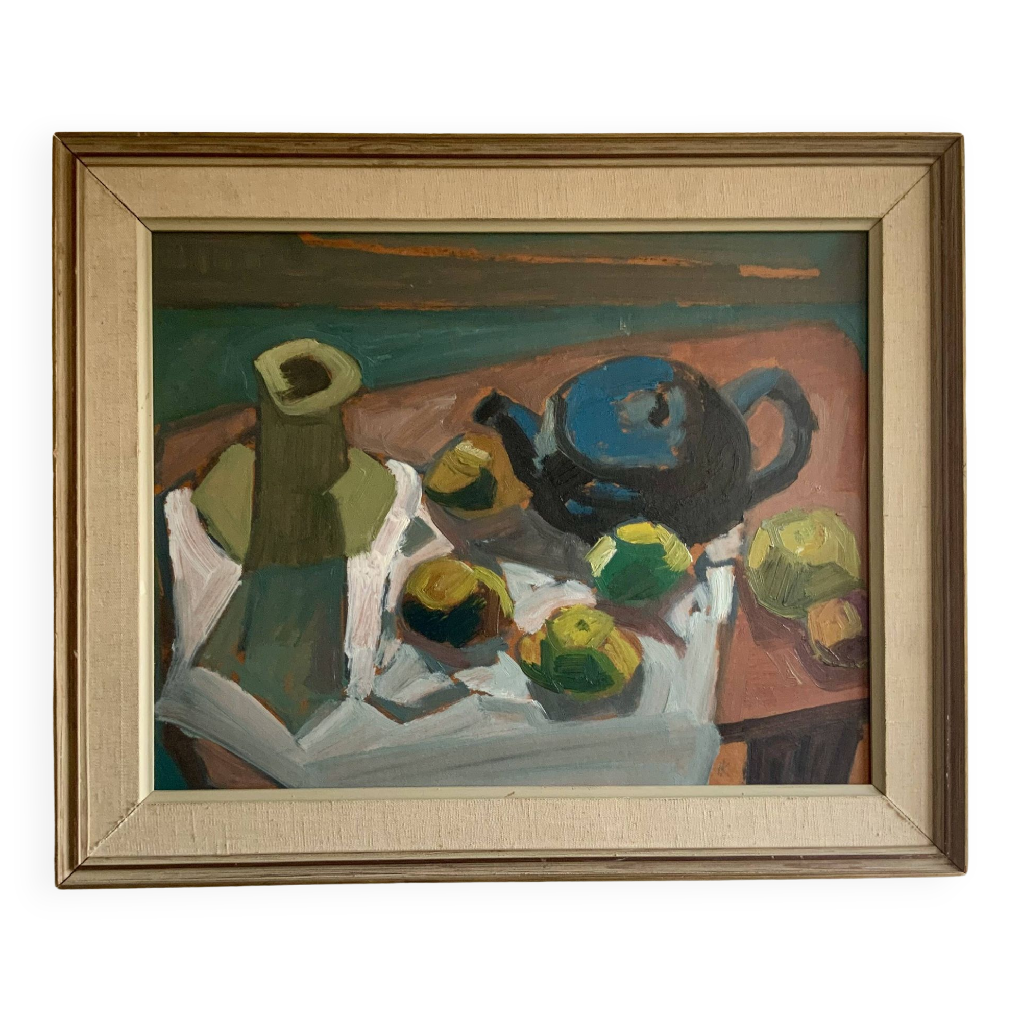 Original Modernist artwork still life with fruits and blue teapot 1950s