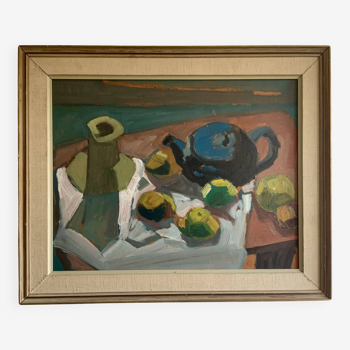 Oeuvre moderniste originale nature morte avec des fruits et une théière bleue des années 1950