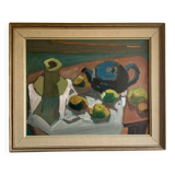 Oeuvre moderniste originale nature morte avec des fruits et une théière bleue des années 1950
