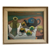 Original Modernist artwork still life with fruits and blue teapot 1950s