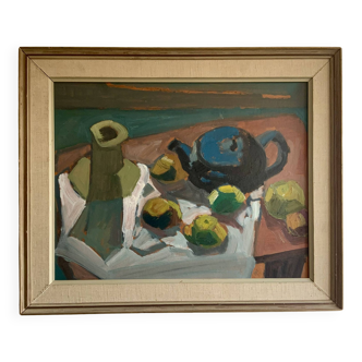 Oeuvre moderniste originale nature morte avec des fruits et une théière bleue des années 1950