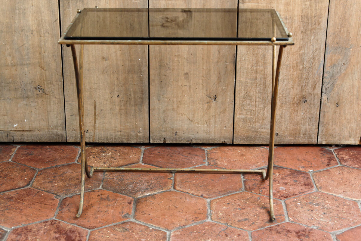 Sofa end, coffee table, wrought iron and glass