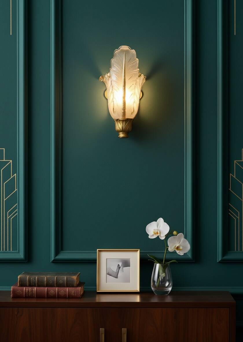 "Palmette" Art Deco Wall Light – Bronze signed Vasseur VH no. 5027 & Ezan Glass