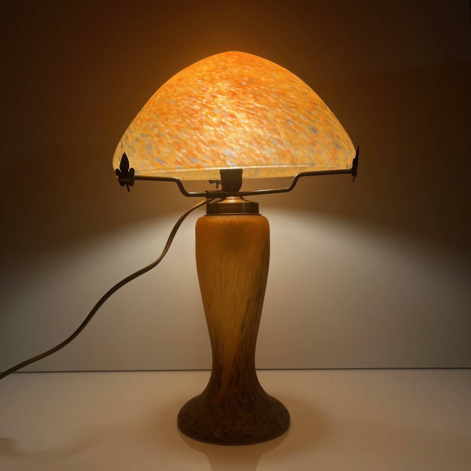 Orange speckled glass mushroom lamp, Massive, Belgium 1970.