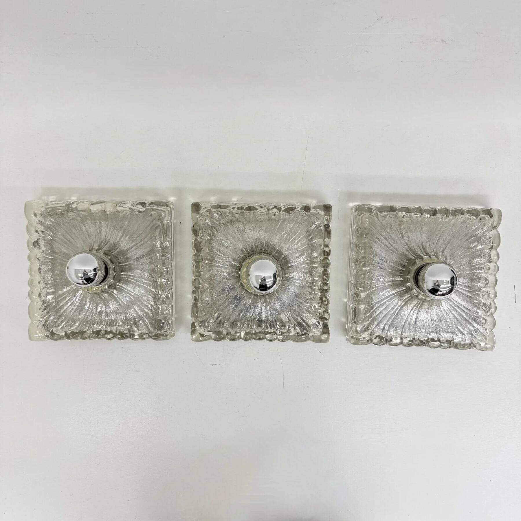 Hustadt Leuchten ice glass wall lamp sconce set of 3, 1970s Germany