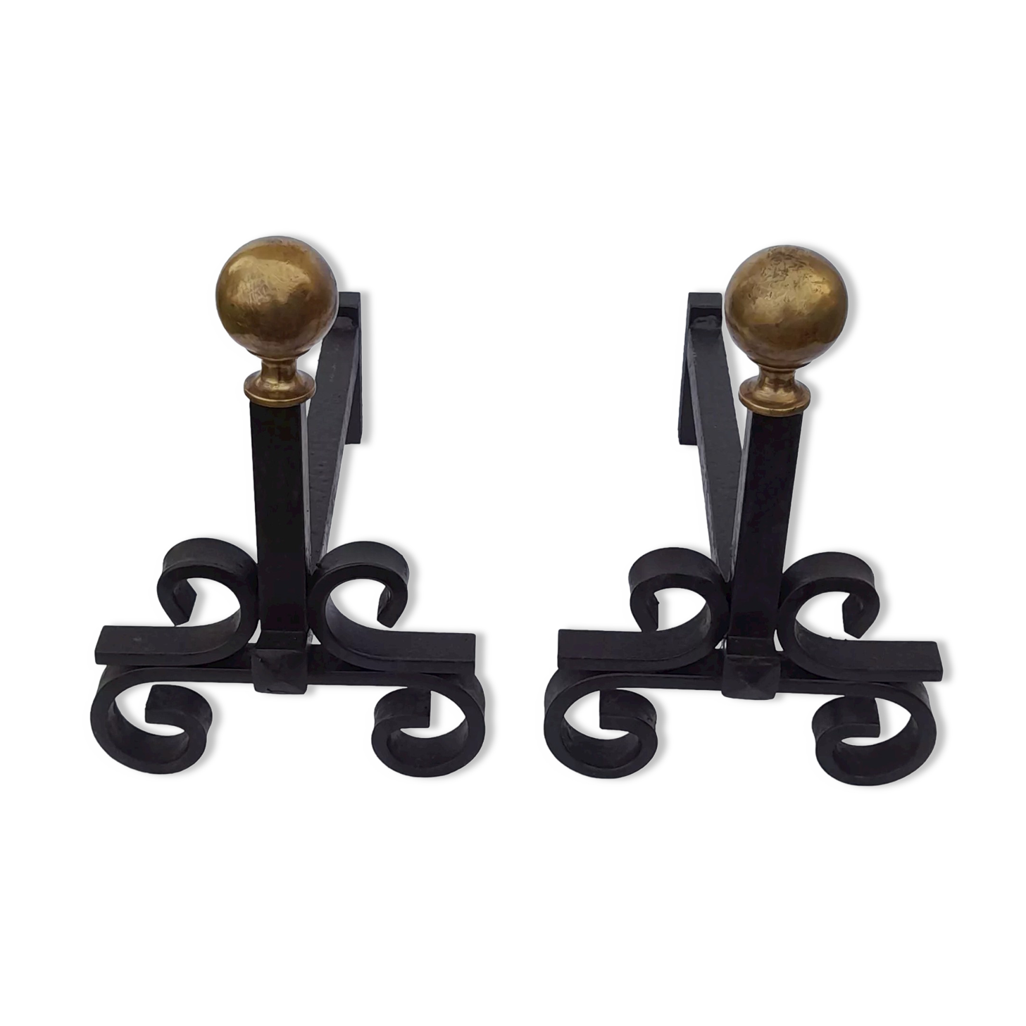 Pair of cast iron pegs with 2 balls in gilded metal L 40 cm