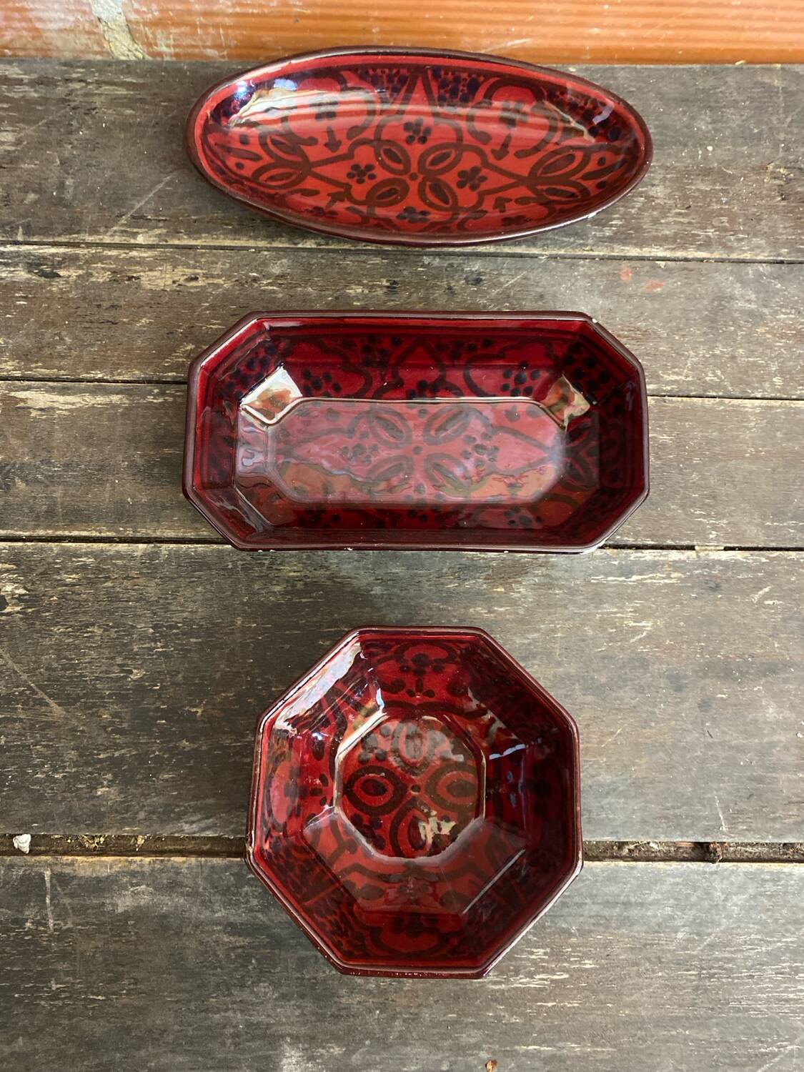 Set of 3 Vintage Red Oriental Ceramic Pocket Vases with Black Decor