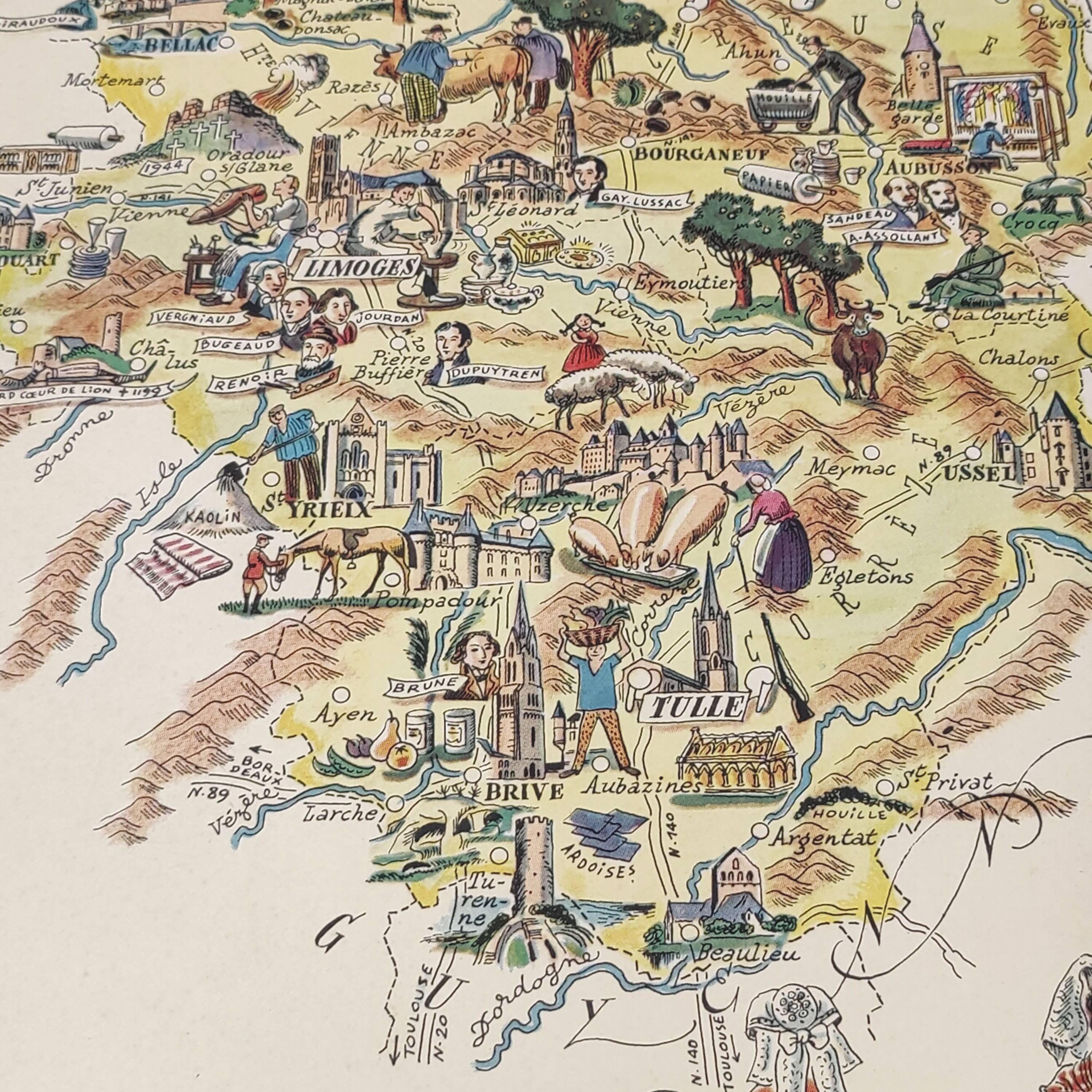 Old Limousin map illustrated Jacques Liozu 1951