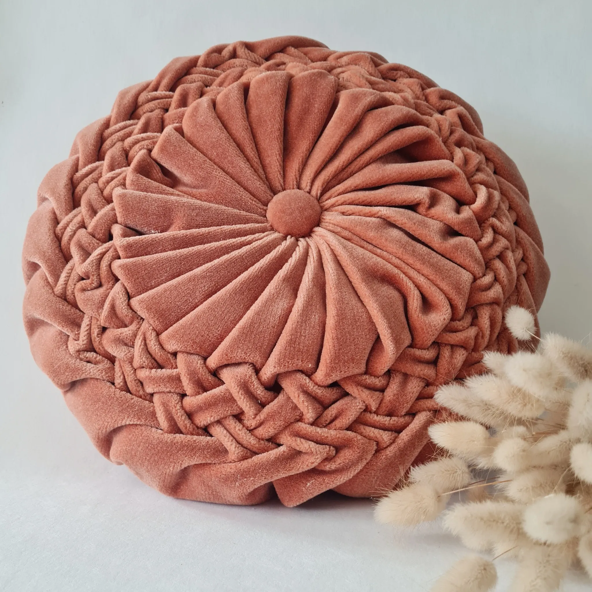 Coussin Rond plissé Vintage en Velours Rose
