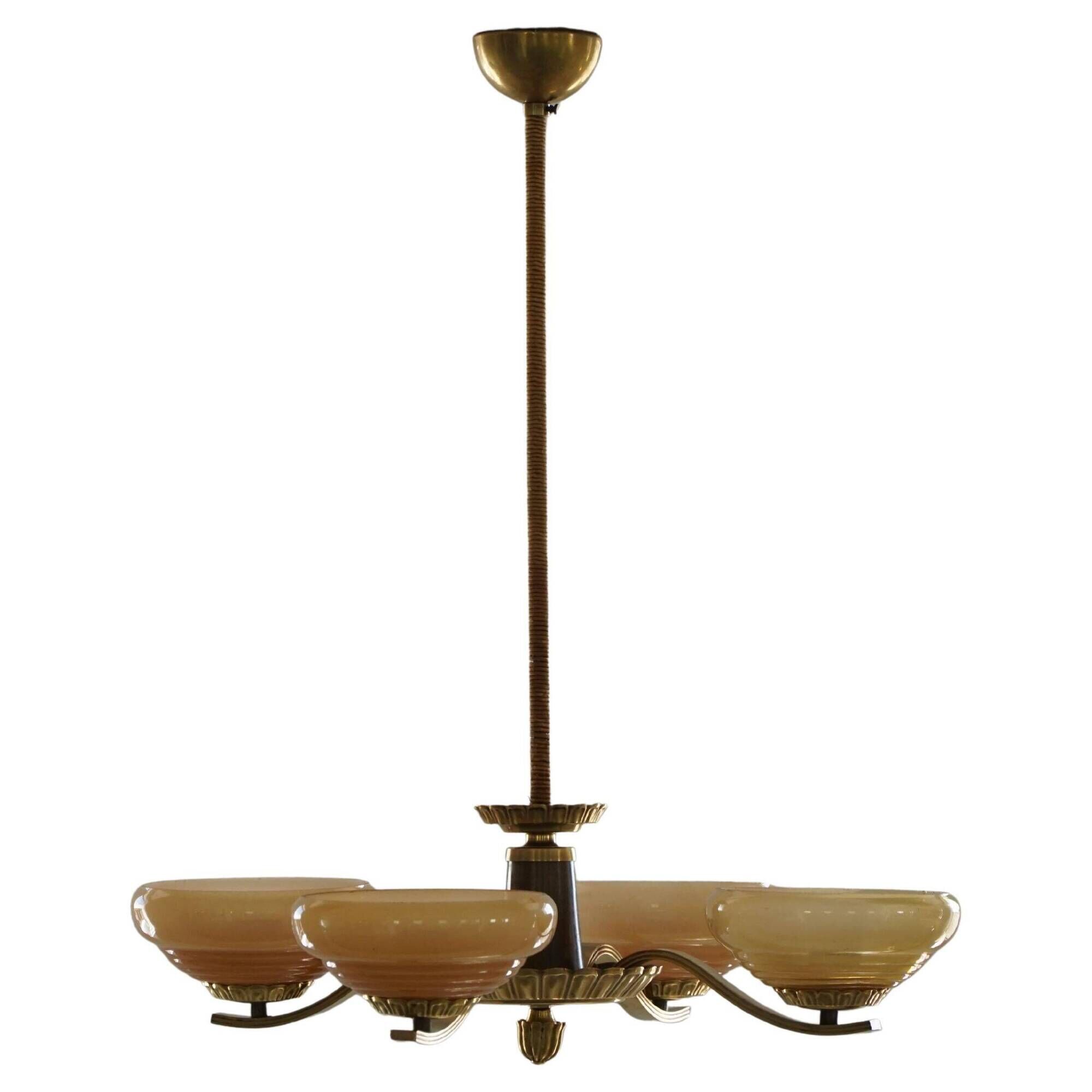 Art Deco chandelier with 4 branches in glass and brass, Sweden, 1940s