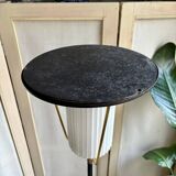 Lampadaire tripode en métal noir et doré et opaline blanche