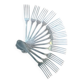 Set of 11 old silver metal forks
