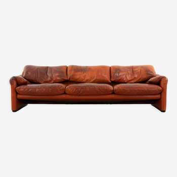 Cassina Maralunga 3seat Sofa in patinated red brown Leather by Vico Magistretti