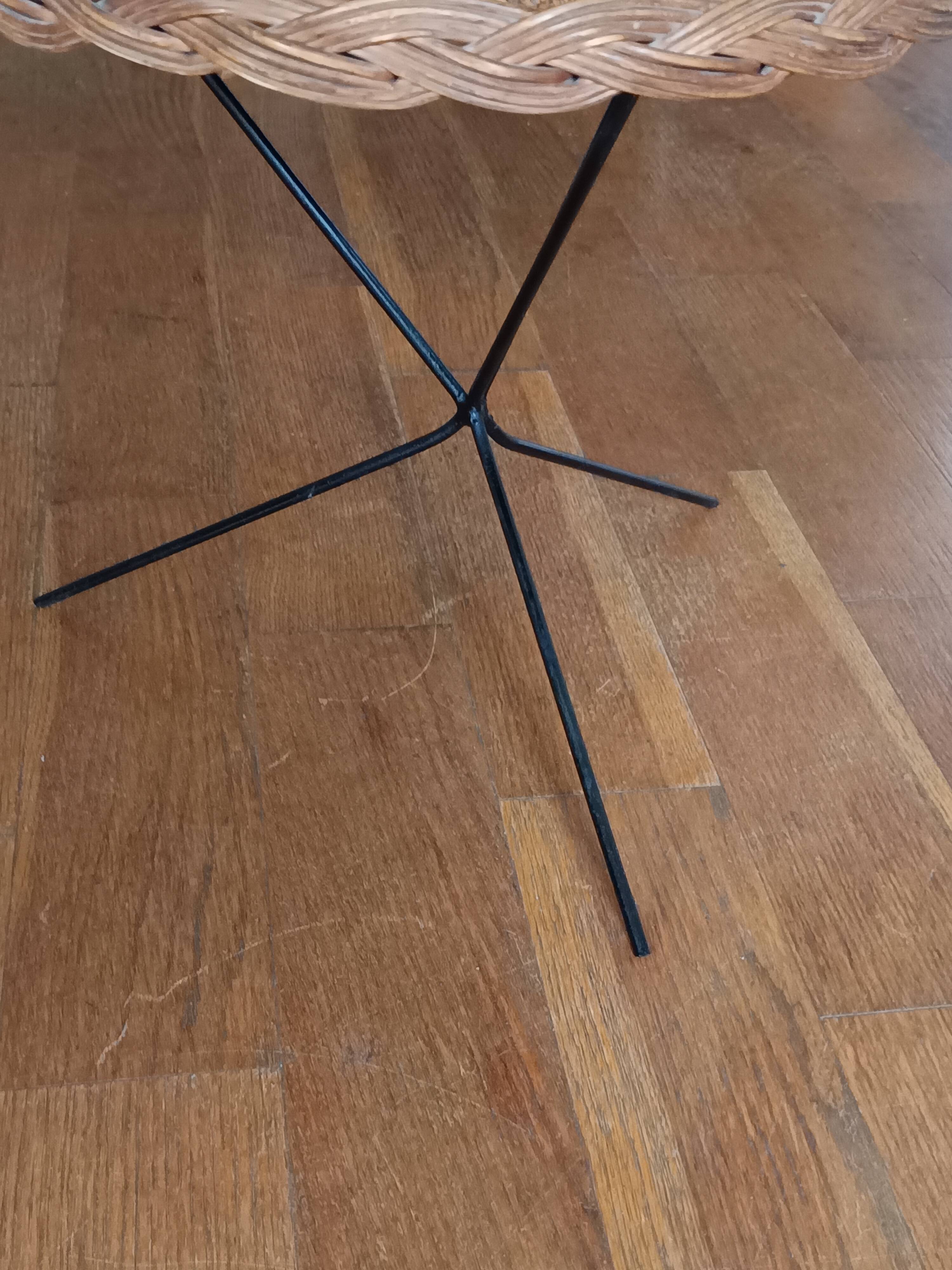 vintage wicker gueridon with a black metal tripod base from the 1960s