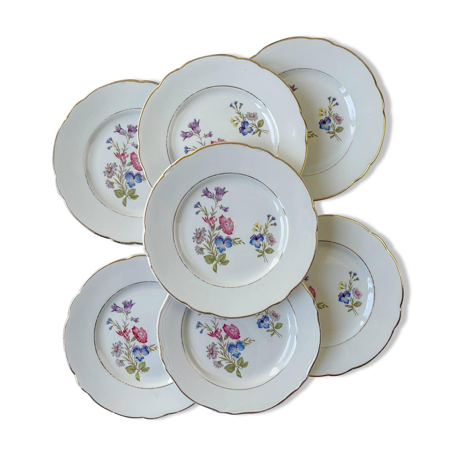 7 small vintage porcelain plates with floral pattern KG Luneville