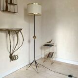 Lampadaire tripode vintage metal noir et boule laiton