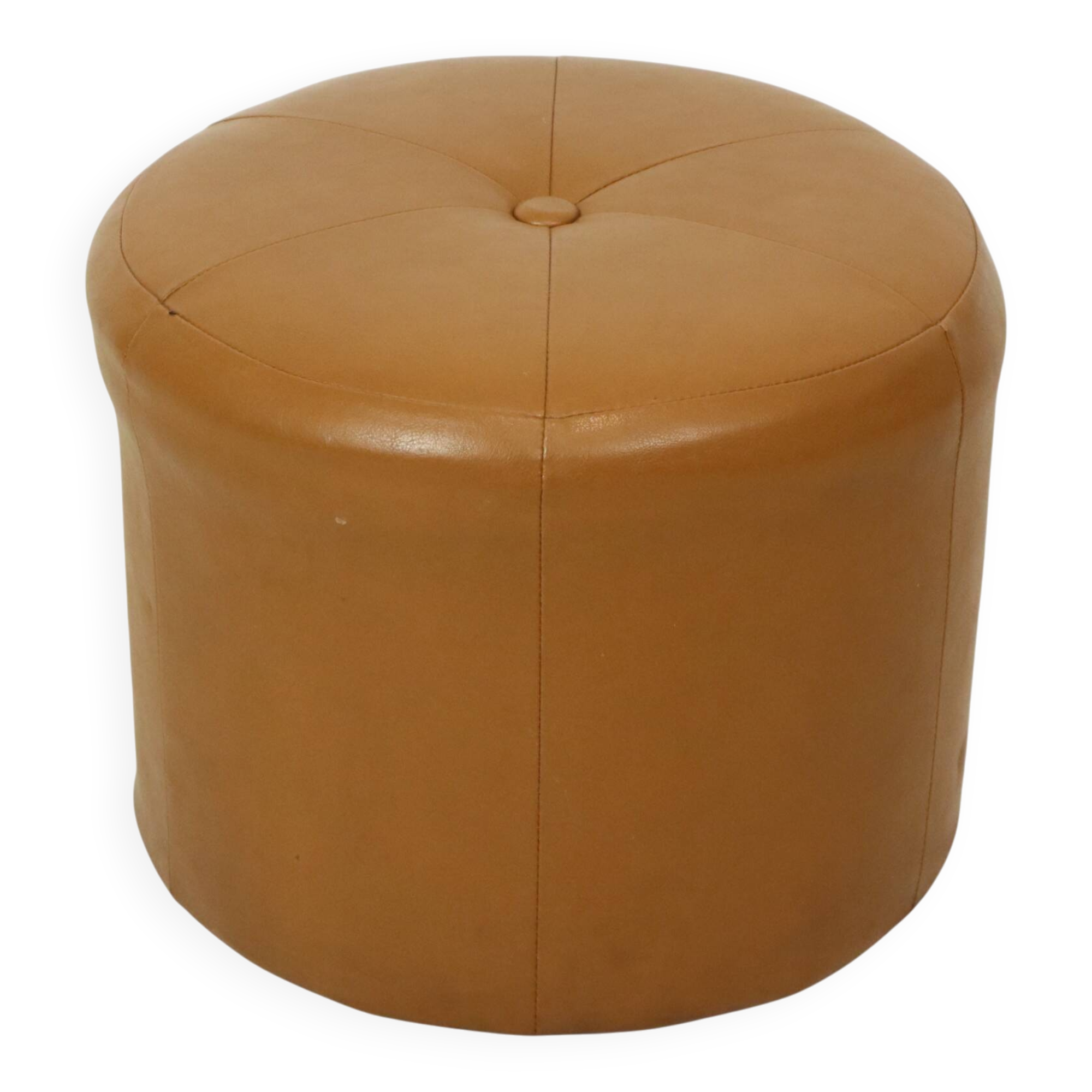 Round Vintage Pouf Camel Brown Skai Faux Leather