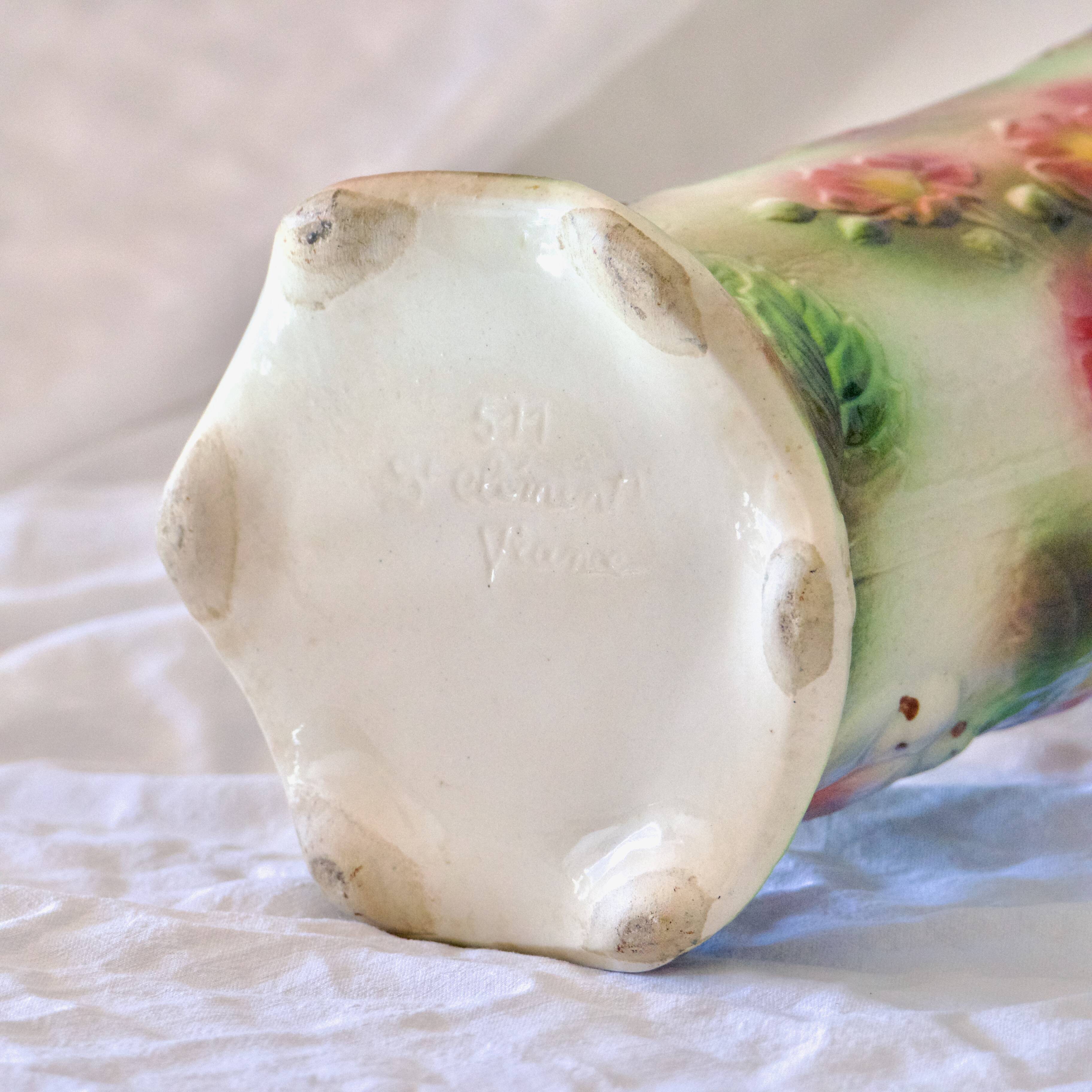 Antique Saint Clément slip roller vase with bird decor
