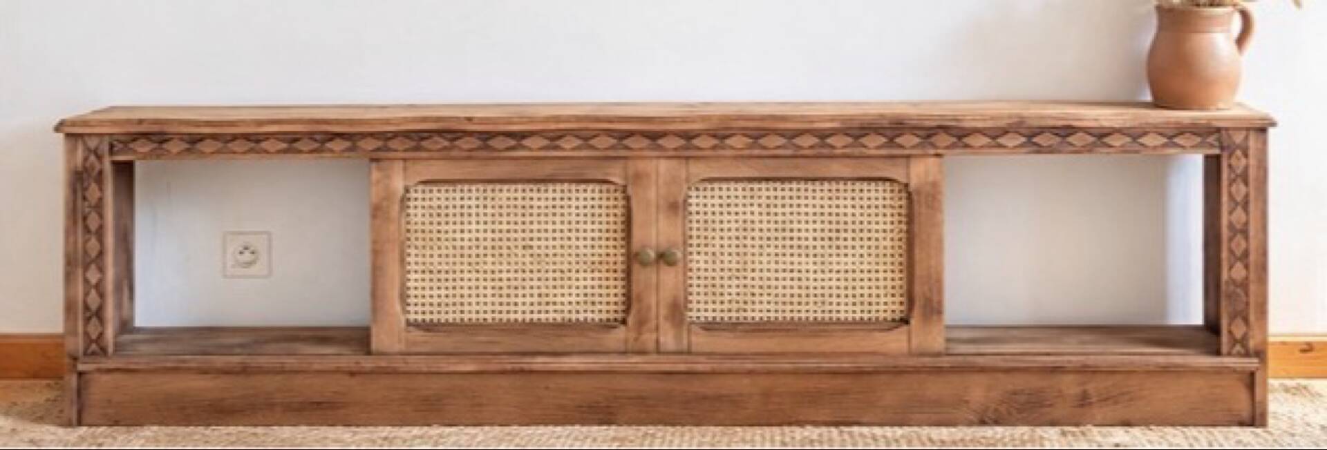 Vintage oak sideboard TV unit with raw finish and caning.