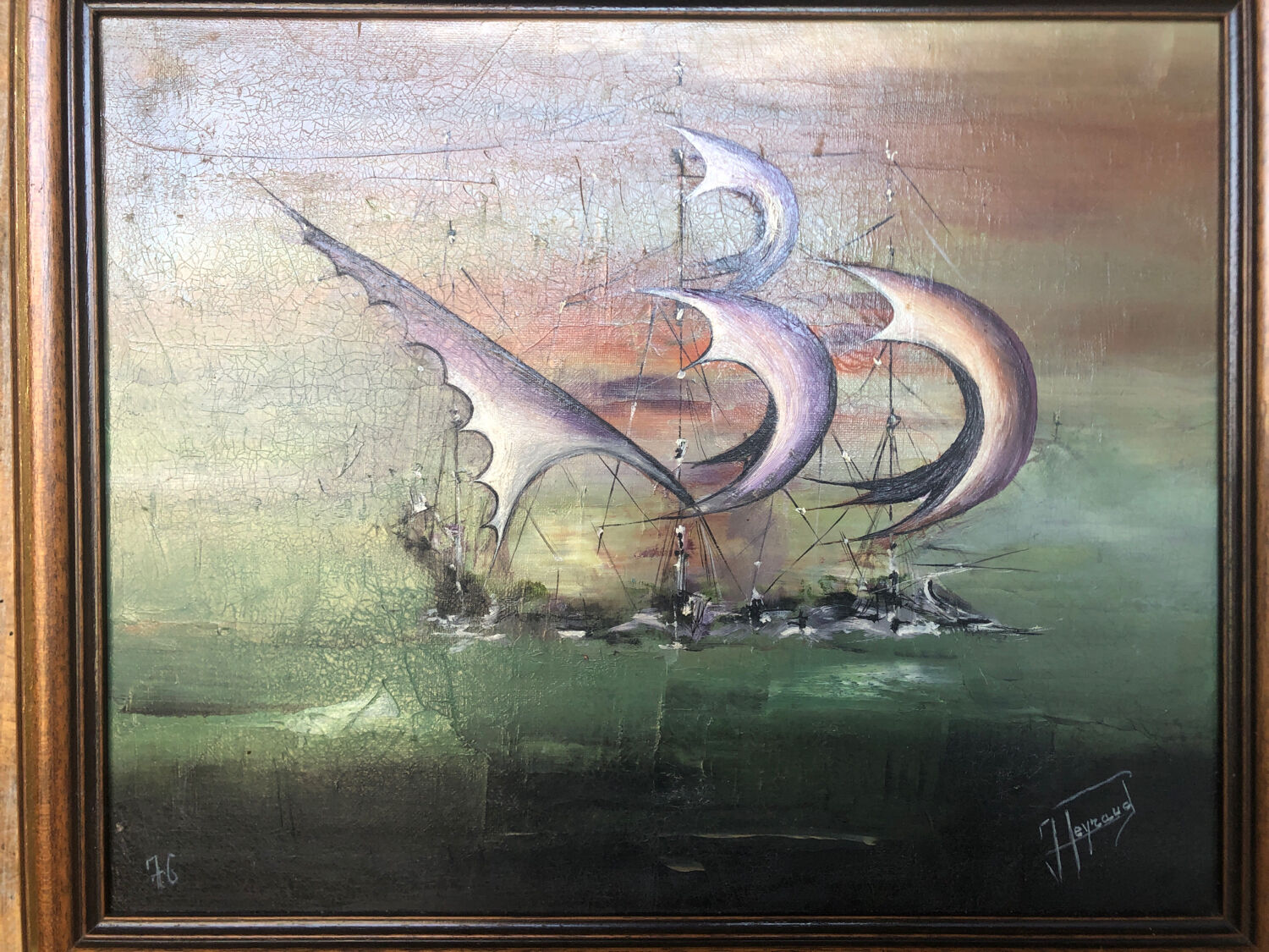 Oil painting on canvas j. peyraud view boats + wood frame #a219