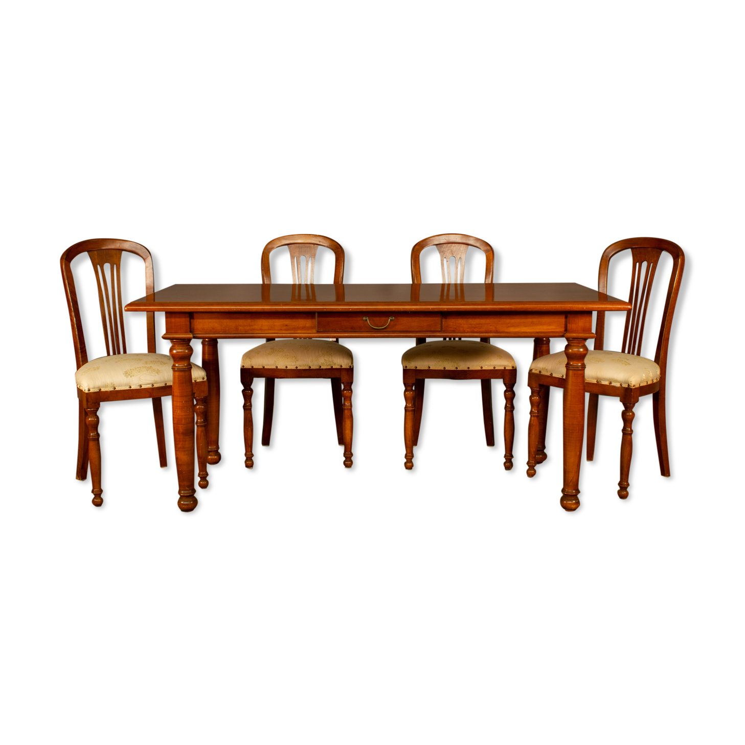 Upholstered damask table and 4 cherry chairs from the 80s
