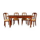 Upholstered damask table and 4 cherry chairs from the 80s