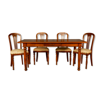 Upholstered damask table and 4 cherry chairs from the 80s