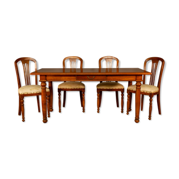 Upholstered damask table and 4 cherry chairs from the 80s