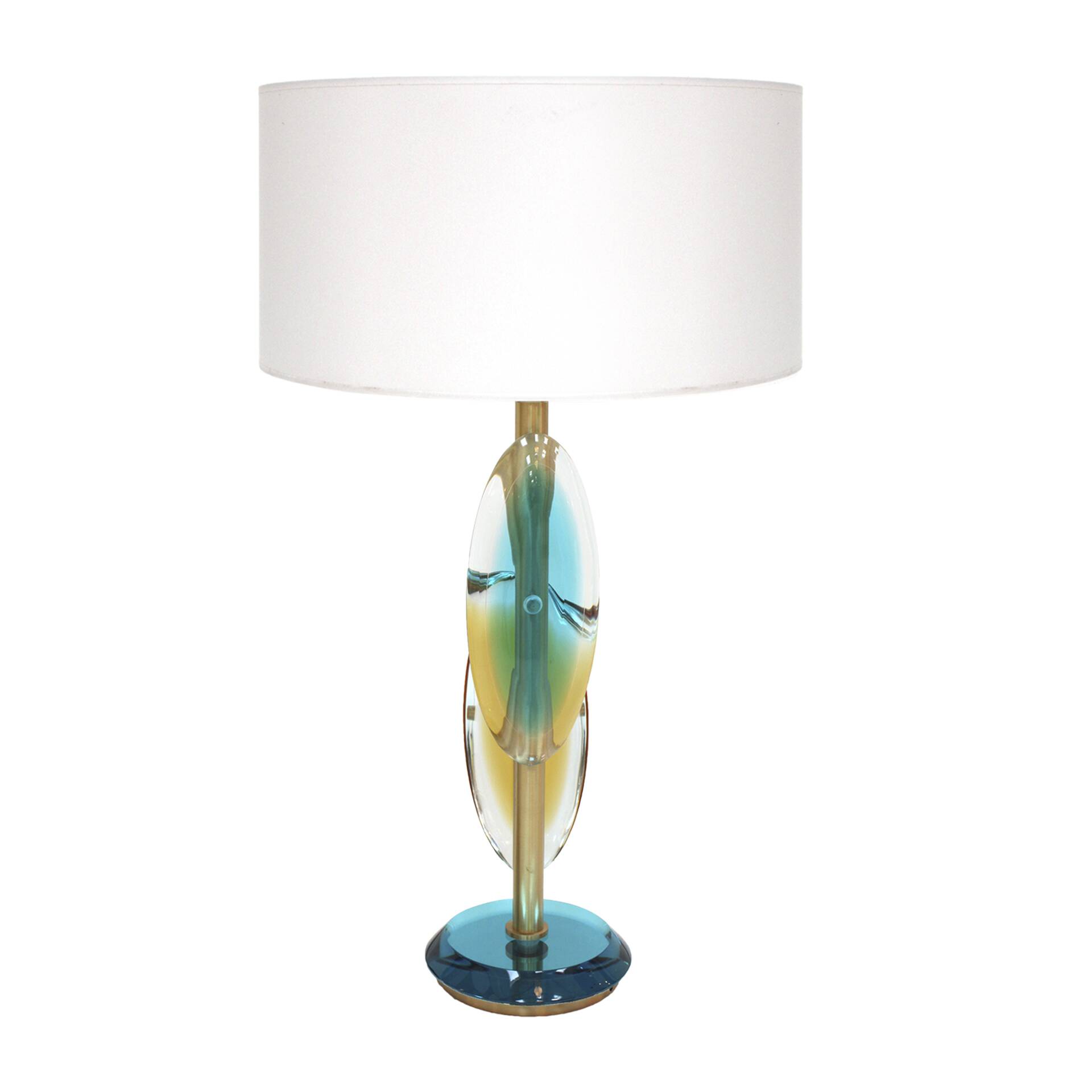 Pair of contemporary Murano glass lamps with a brass structure, made in Italy.