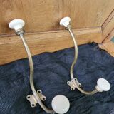 Set of 2 double brass/porcelain coat hooks