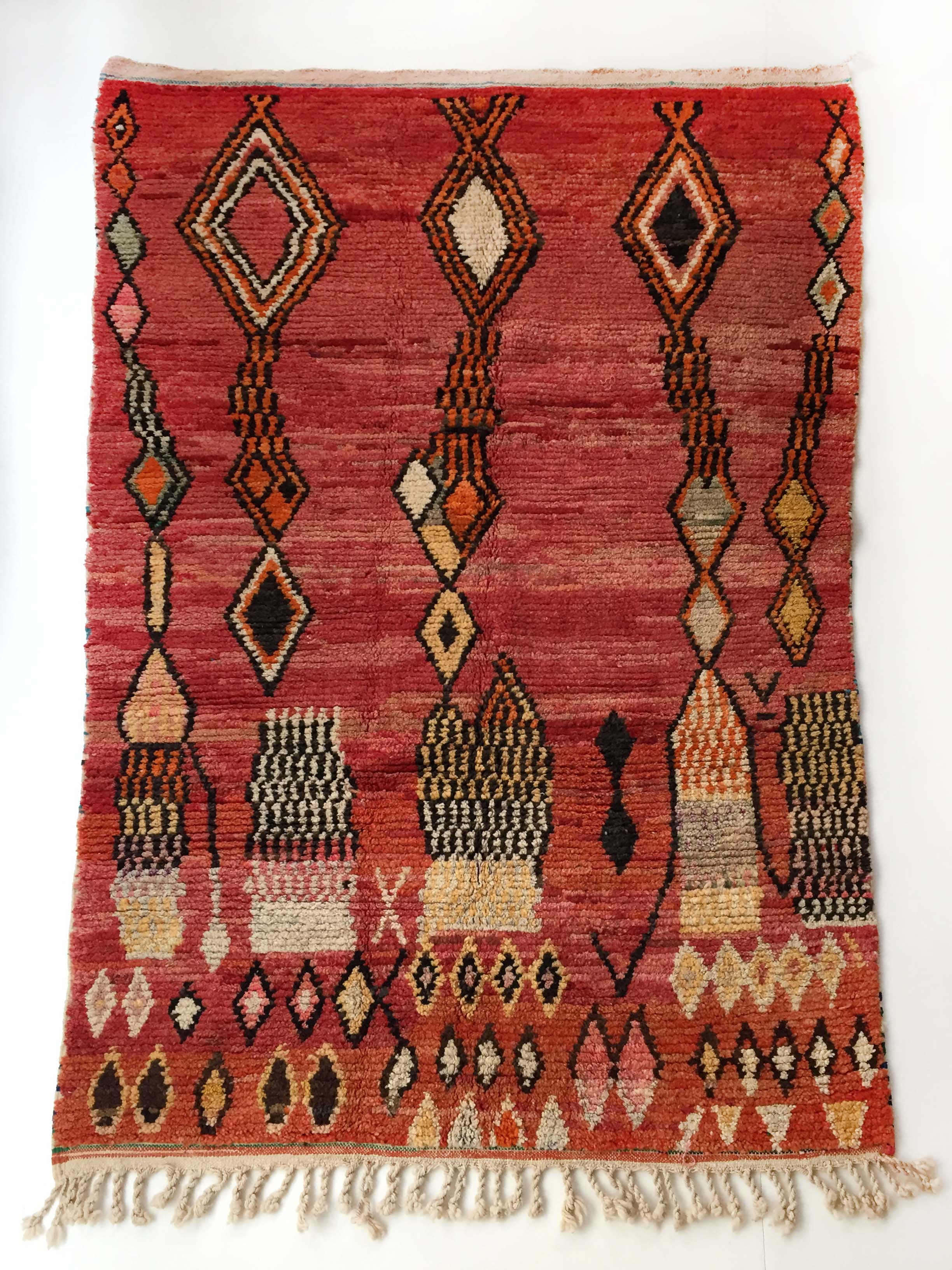 Moroccan Berber carpet Boujaad red with colorful patterns 252x158cm