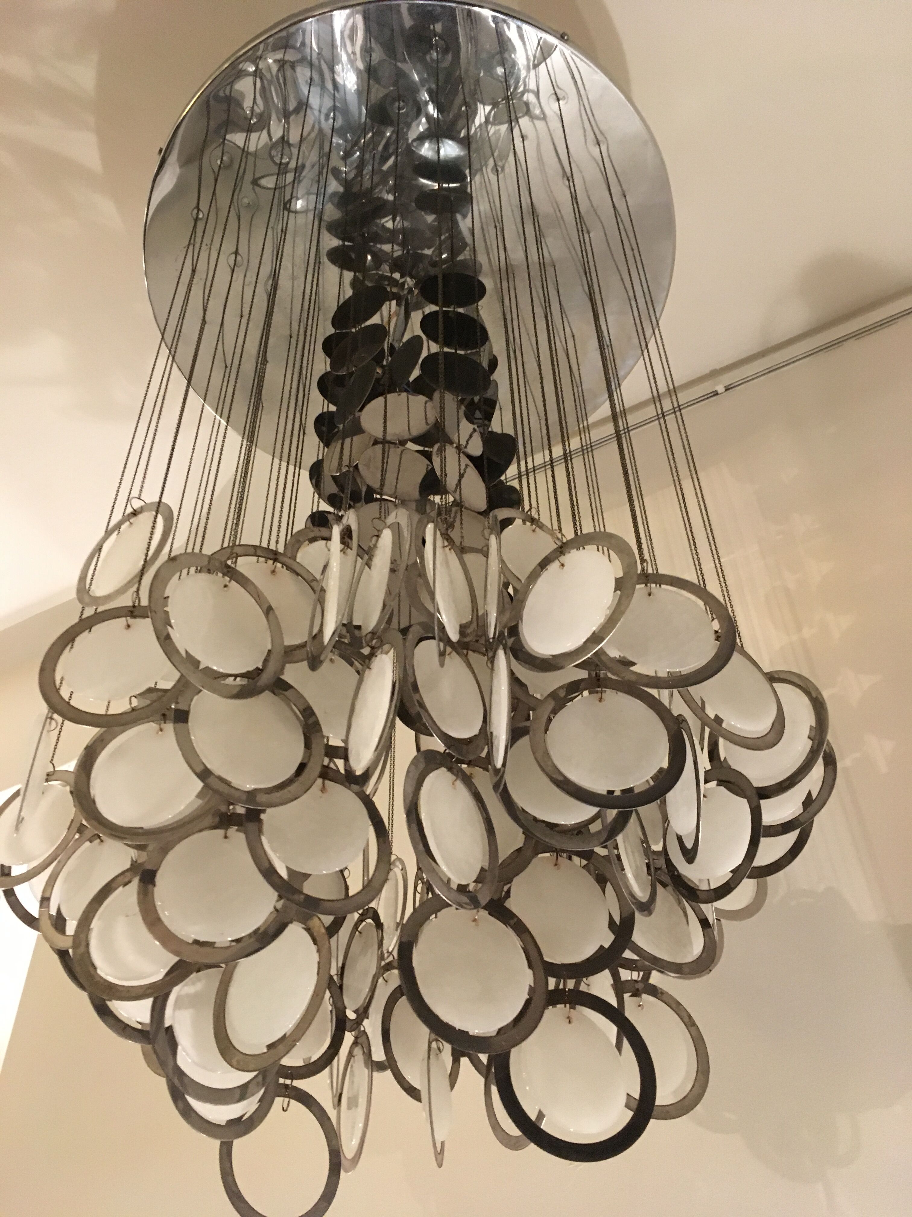 Vistosi opal glass and chrome discs Chandelier, Murano, Italy, 1960