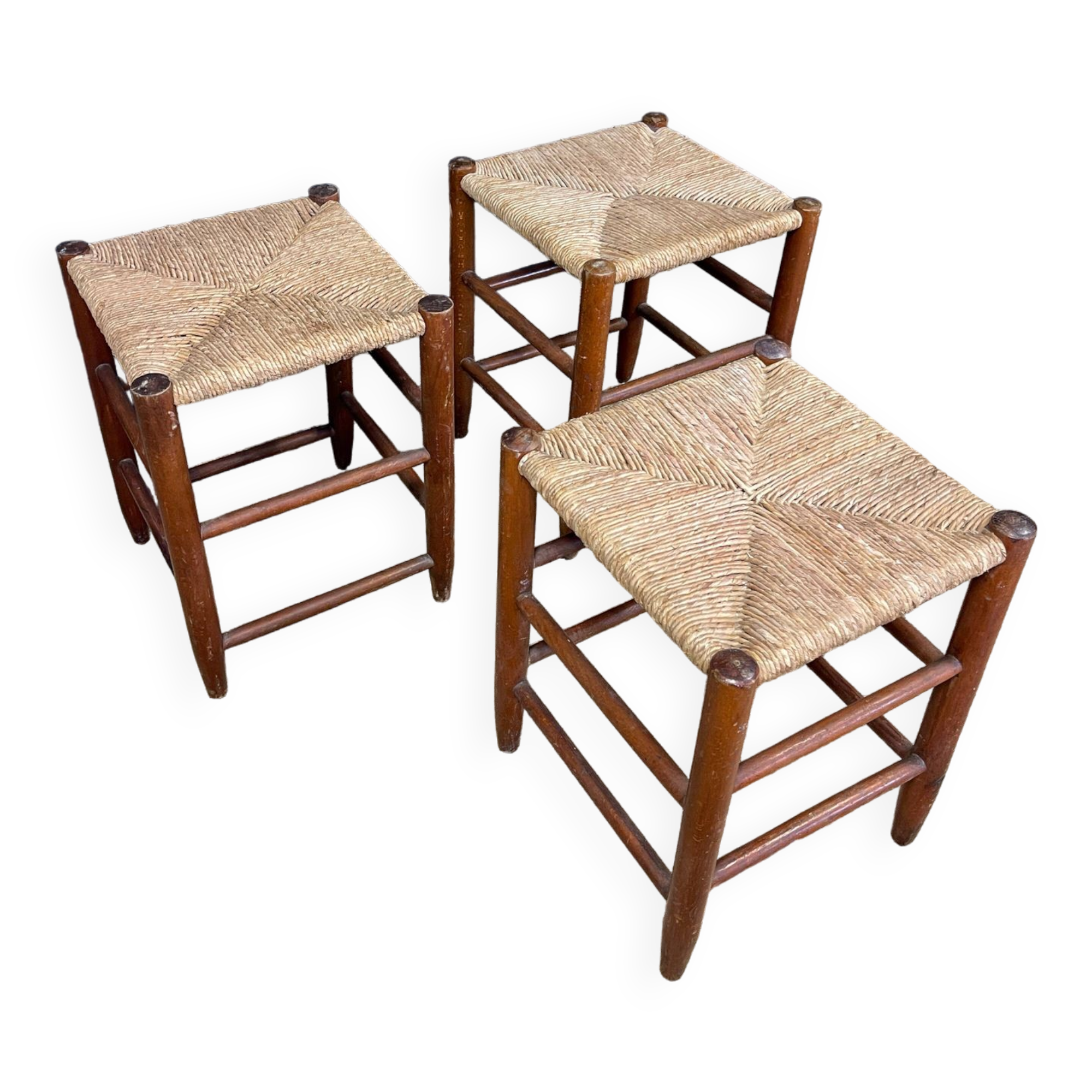 Set of 3 stools wood and straw