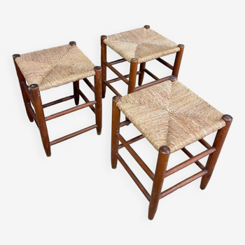 Set of 3 stools wood and straw