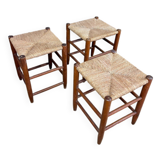 Lot de 3 tabourets bois et paille