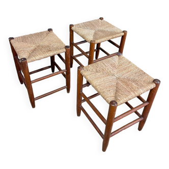 Set of 3 stools wood and straw