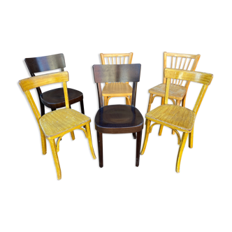 6 mismatched bistro chairs curved wood