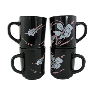 4 mugs en opale et verre trempé noir - décor floral - Arcoroc France - vintage années 80