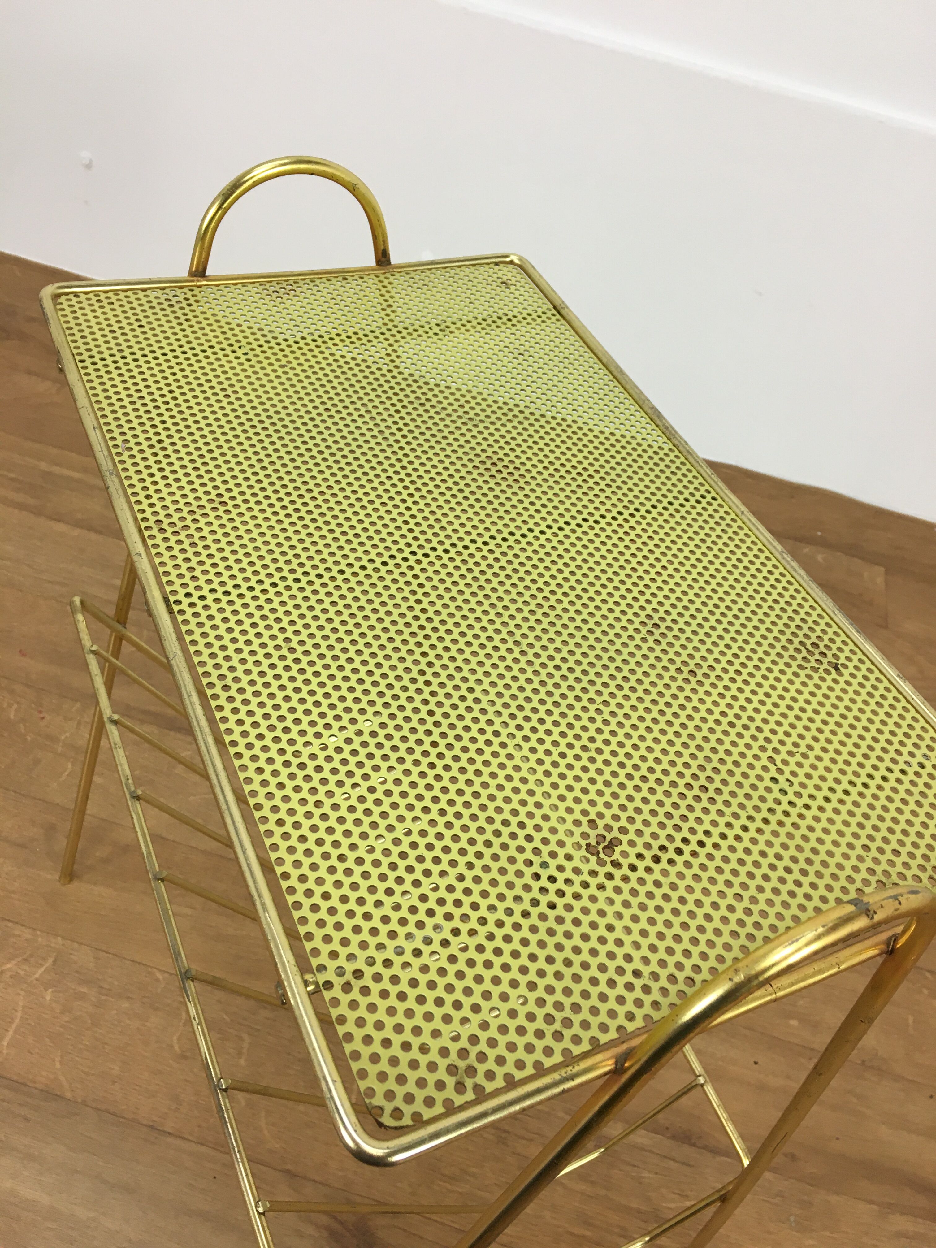 Vinyl magazine holder side table, perforated sheet metal, 50s
