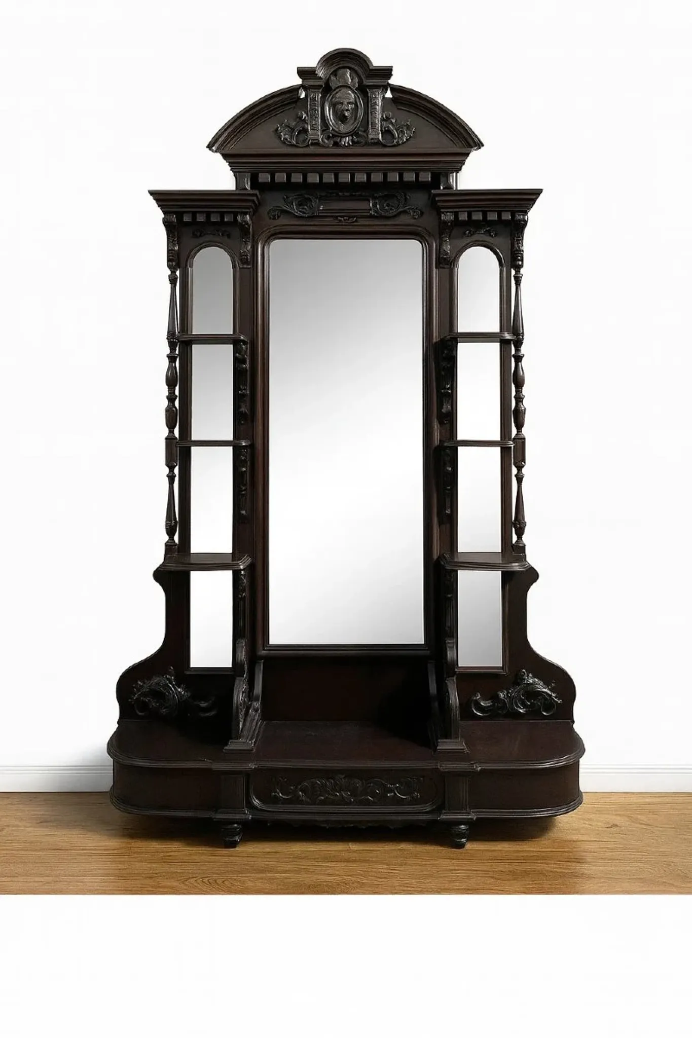 Large antique blackened wood carved cheval mirror