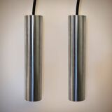 Pair of still tube pendant lights in polished stainless steel, 1970s, new