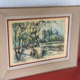 Lithograph notre dame et les bouquinistes signed by Marius Girard vintage
