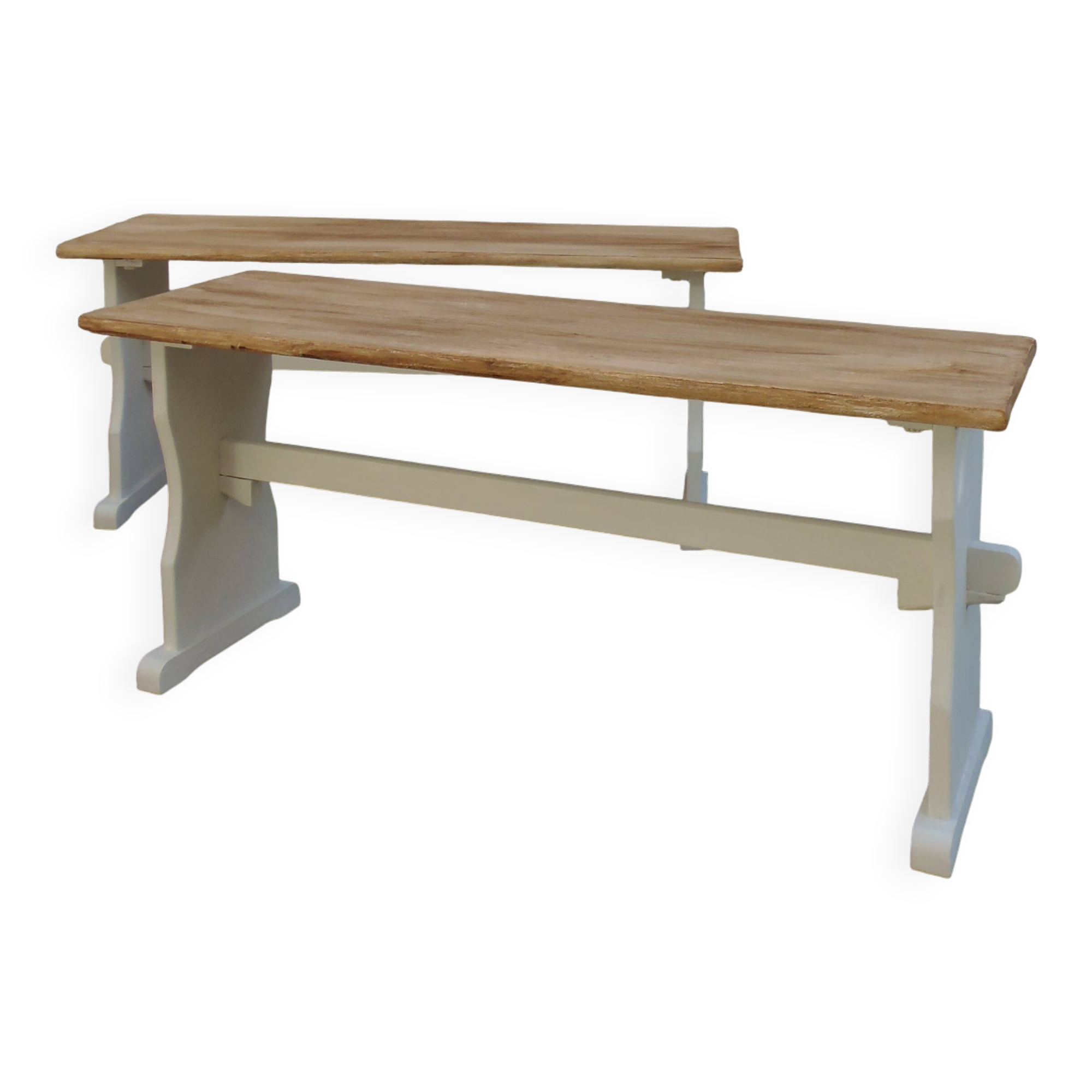 2 re-enchanted benches in beige with a waxed finish, medium oak waxed seat.