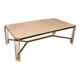 Table de repas années 70 en travertin, métal doré et plexiglas
