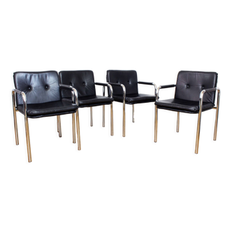 Set of 4 leather and tubular steel armchairs