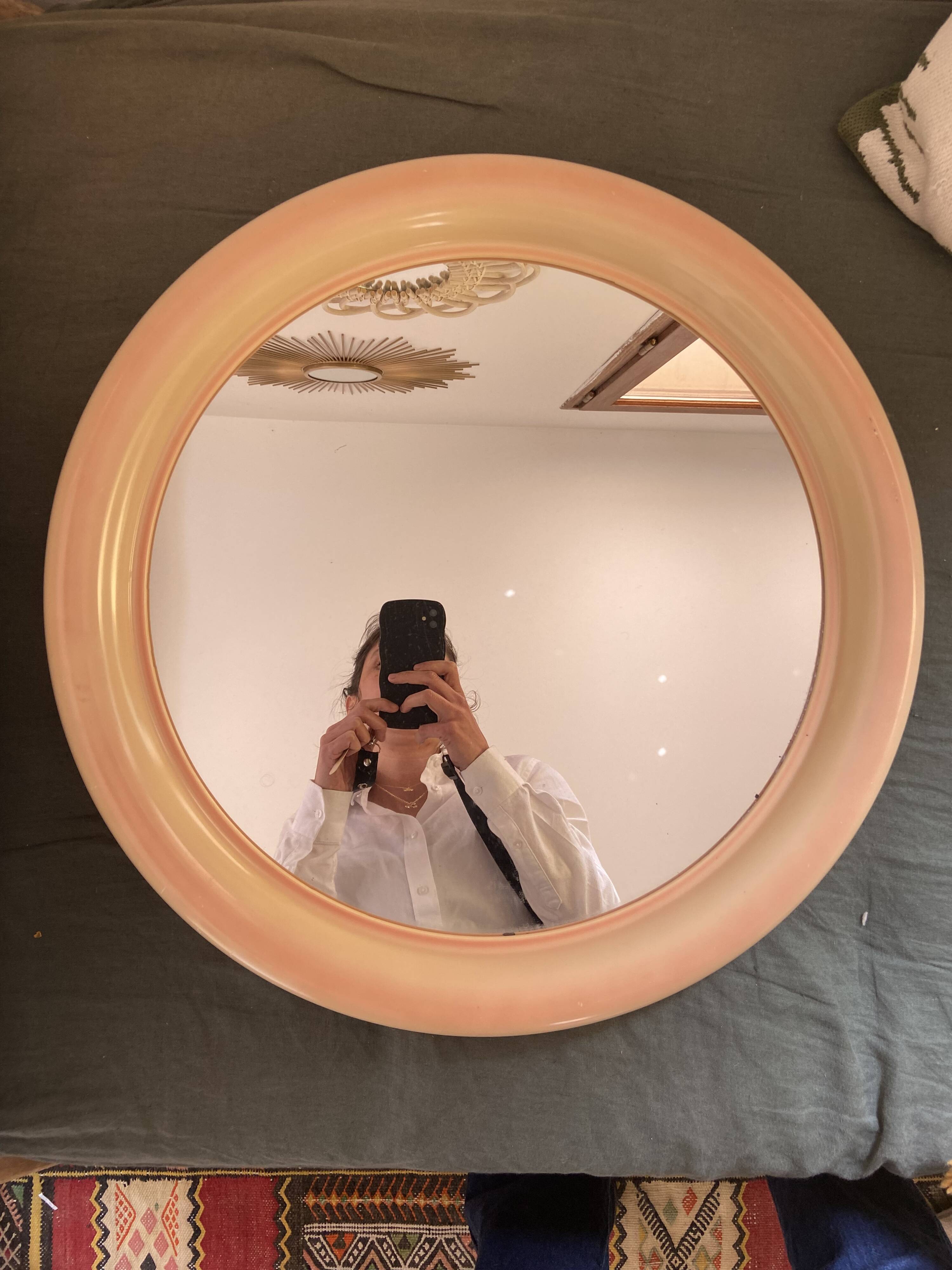 Round Beige and Coral Plastic Wall Mirror from the 70s-80s