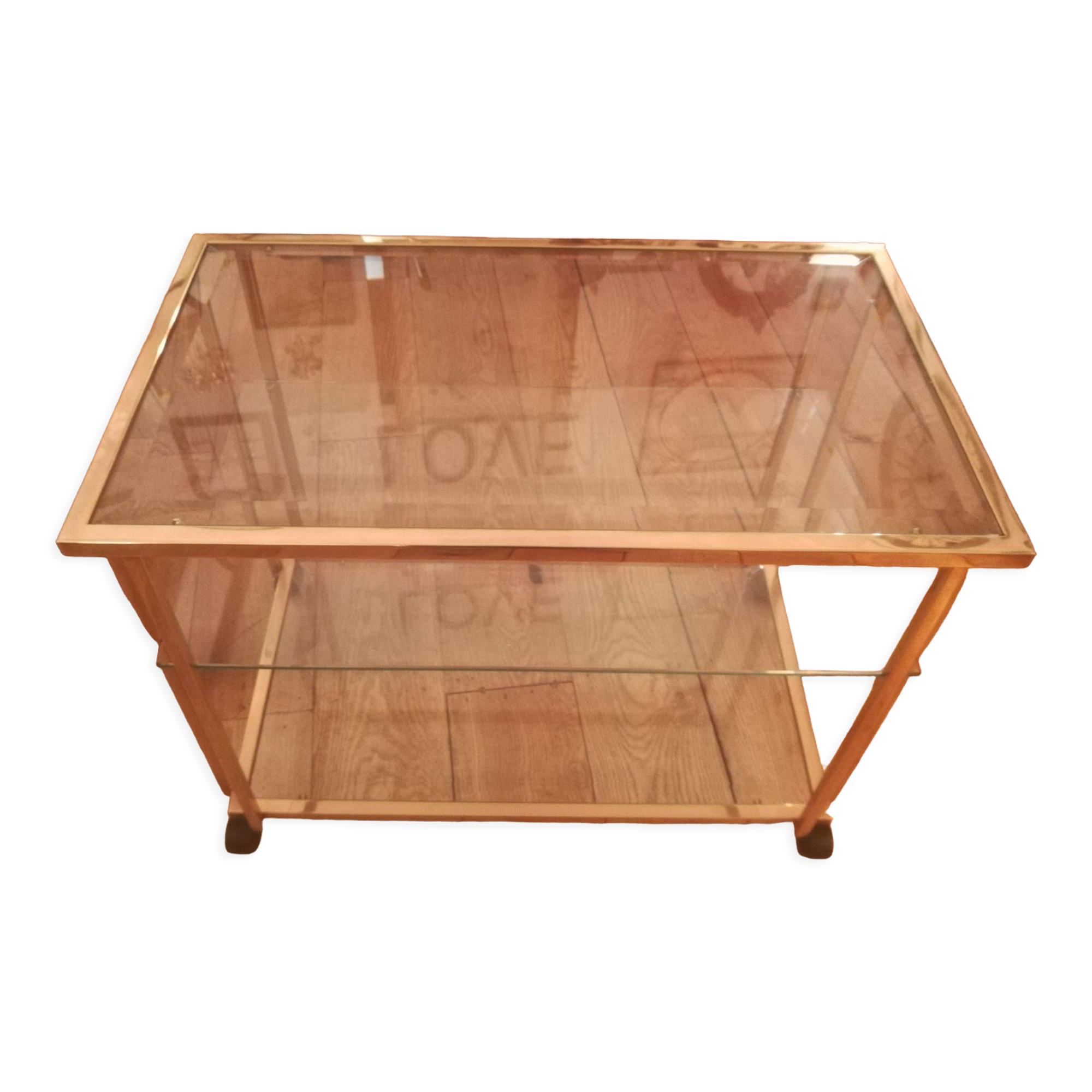 Trolley on wheels in gilded brass and beveled glass