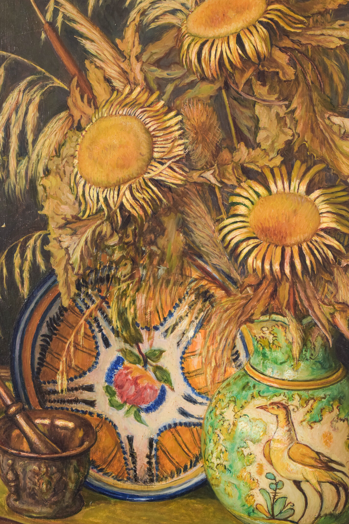 Still life with sunflowers and majolica jug