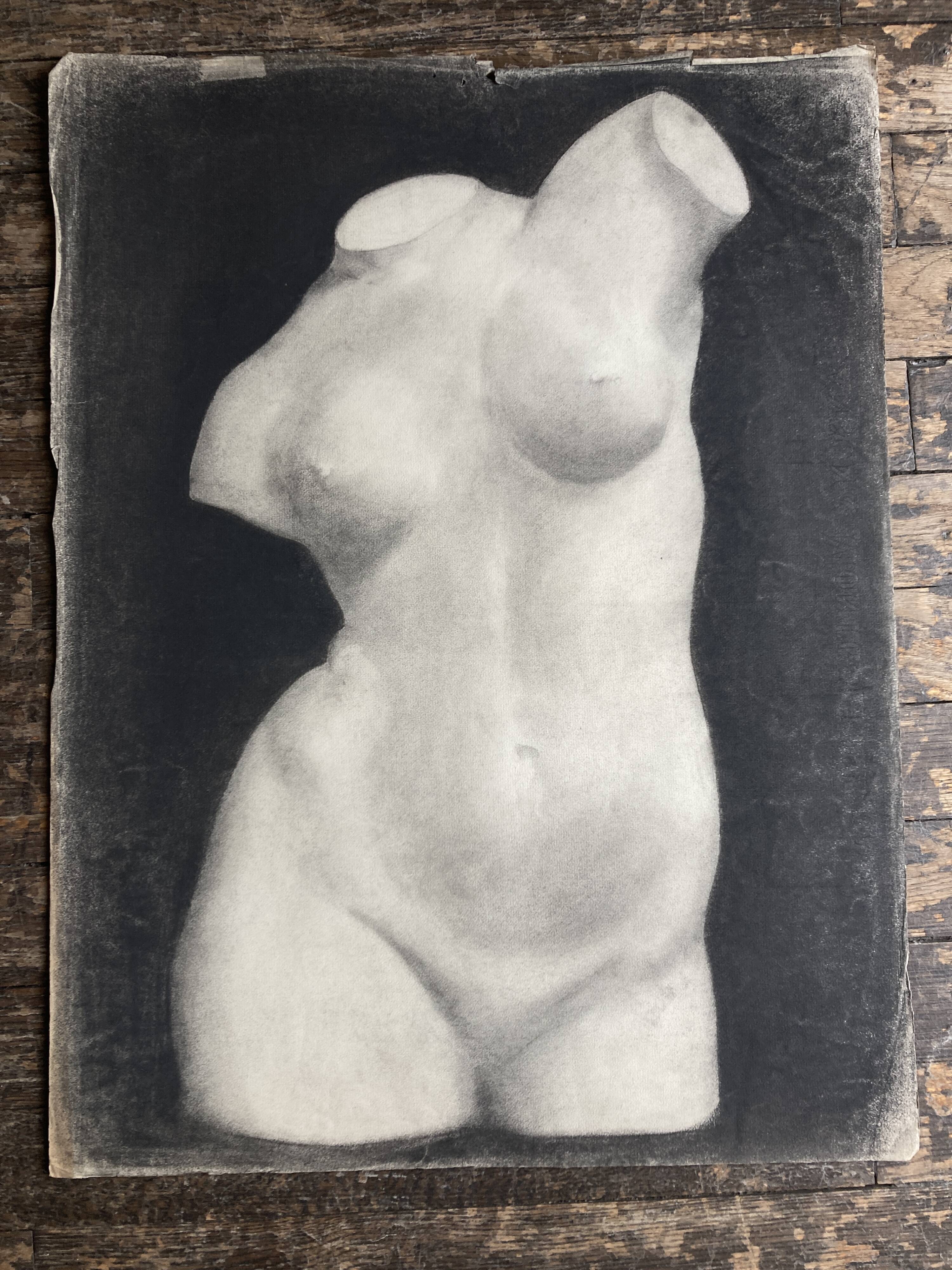 Neoclassical bust of Diana, academic charcoal drawing from the studio, 1925
